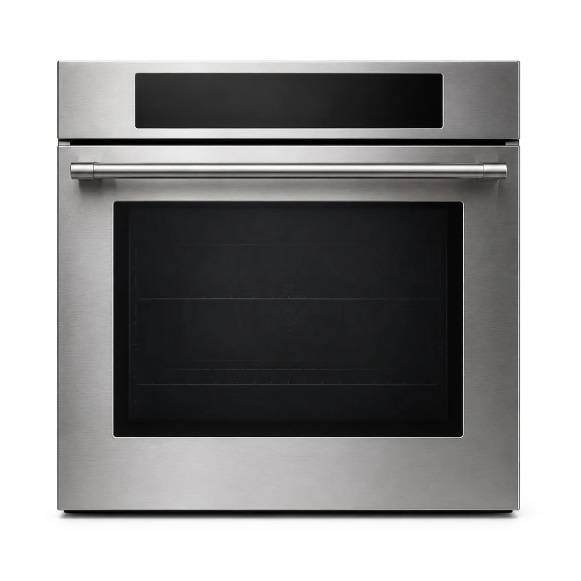 Forno de embutir em aço inox com puxador horizontal e porta de vidro fechada