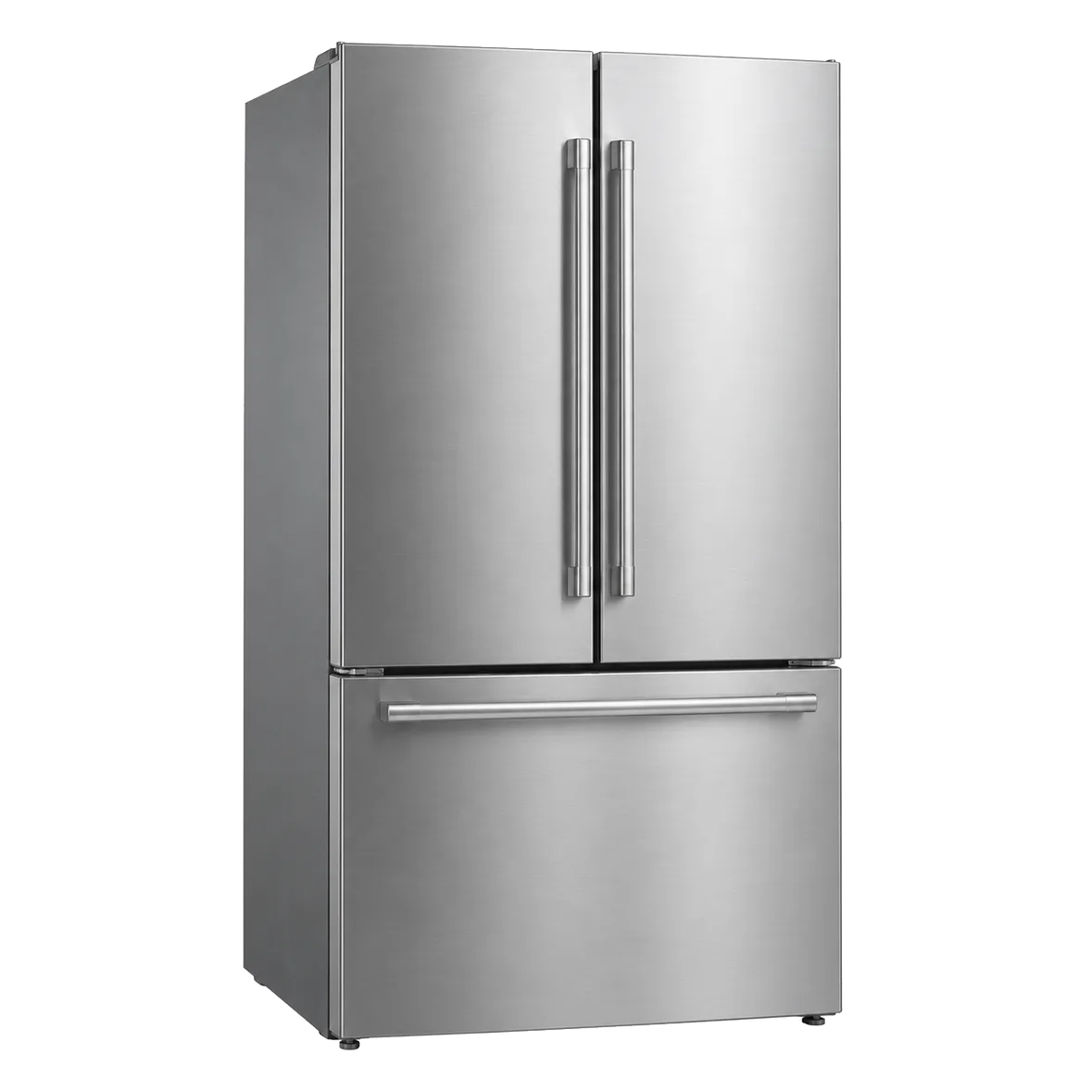 Geladeira french door em aço escovado escuro, com duas portas no refrigerador, gaveta de freezer inferior e dispenser